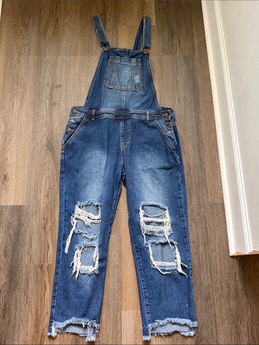 Forever 21 Blue Distressed Denim Overalls